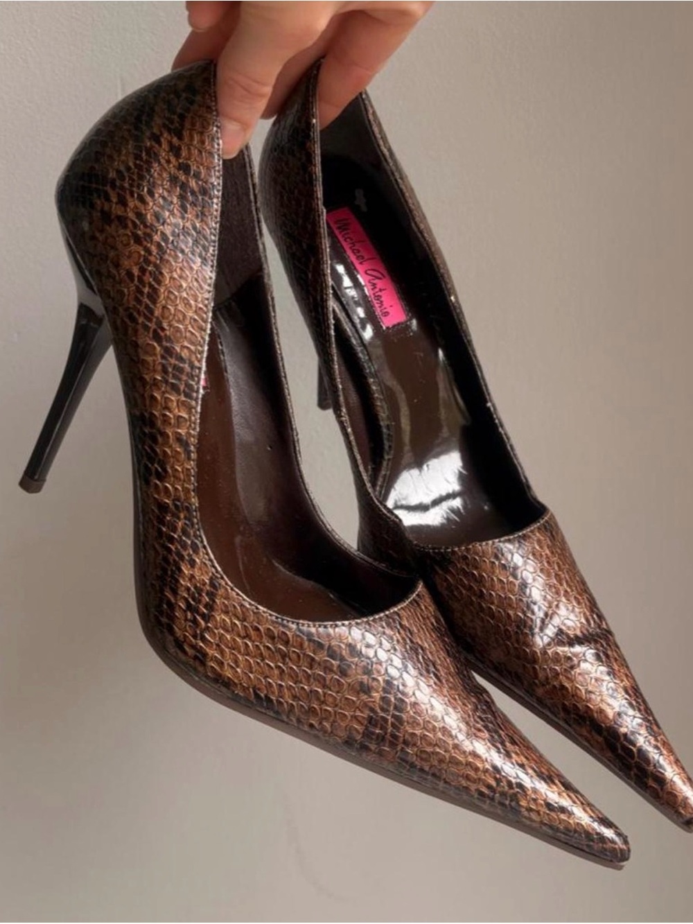 Snake-Embossed Ultra Pointed Toe Pumps in Brown